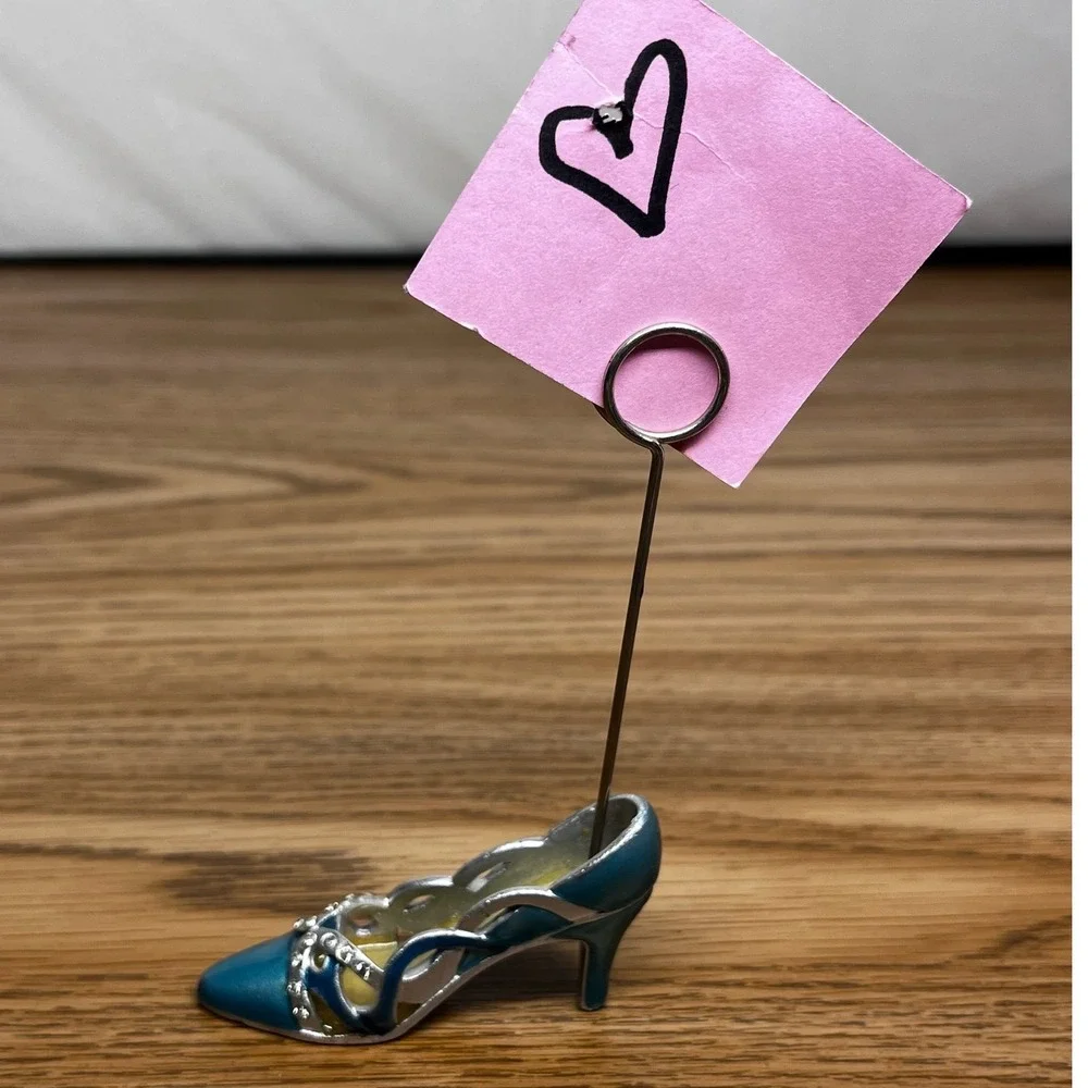 Vintage Teal Rhinestone High Heel Shoe Metal‎ Place Card Holder Photo Clip Decor